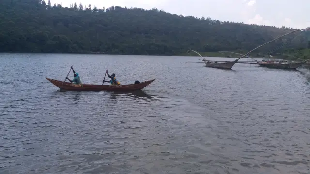 Abagore batwaye ubwato mu kiyaga cya Kivu mu Rwanda, inyuma yabo hari ubwato burimo imitego y'amafi