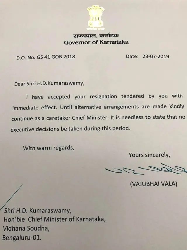కుమారస్వామి రాజీనామాను ఆమోదిస్తూ గవర్నర్ జారీ చేసిన ఆదేశాలు