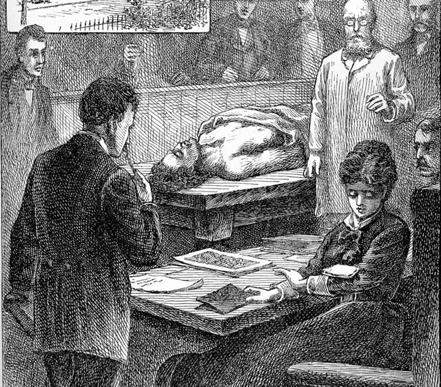 Ilustración de 1847 que muestra a Blackwell en el Geneva Medical College leyendo una nota "muy impertinente" que un estudiante le dejó caer en el brazo, durante una conferencia en la sala de operaciones.