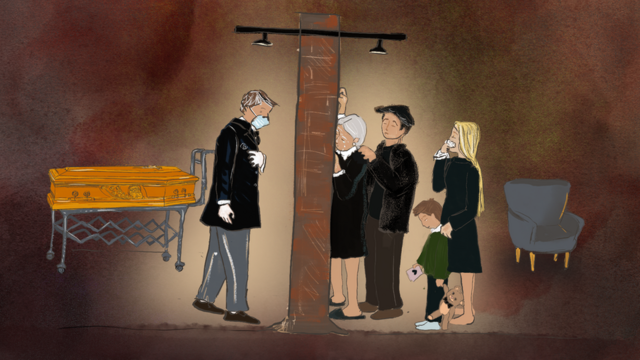 Ilustración: una pared separa a una familia en duelo de una persona fallecida.