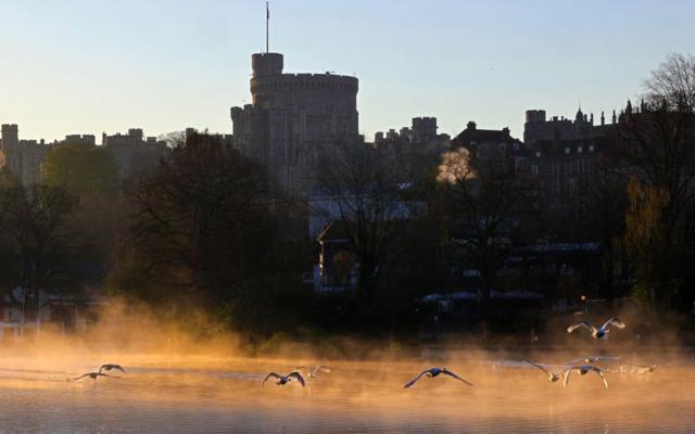 Pássaros voam sobre o lago do Castelo de Windsor