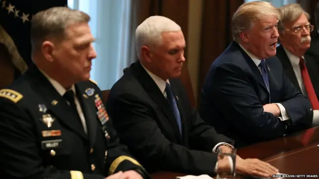 U.S. President Donald Trump speaks during a briefing from senior military leaders regarding Syria, in the Cabinet Room, on April 9, 2018 in Washington, DC. Also pictured is Chief of Staff of the U.S. Army Mark Milley (L), Vice President Mike Pence, (2nd-L), and National Security Advisor John Bolton (R).