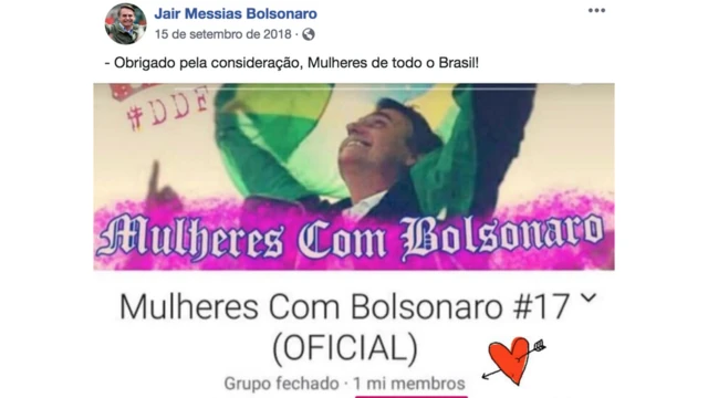 Postagem de 15 de setembro de 2018 na página de Facebook de Bolsonaro mostra foto dele e texto: 'Obrigada pela consideração, mulheres de todo o Brasil!'