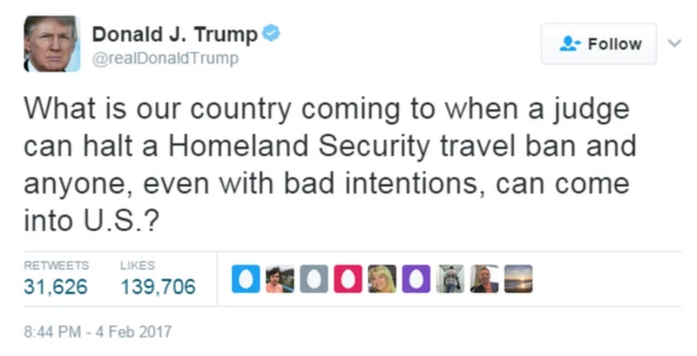 Donald Trump'ın Yargıç Robart'ın kararıyla ilgili attığı tweet.