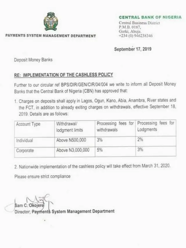Di September 2019 statement wey CBN comot on cashless policy