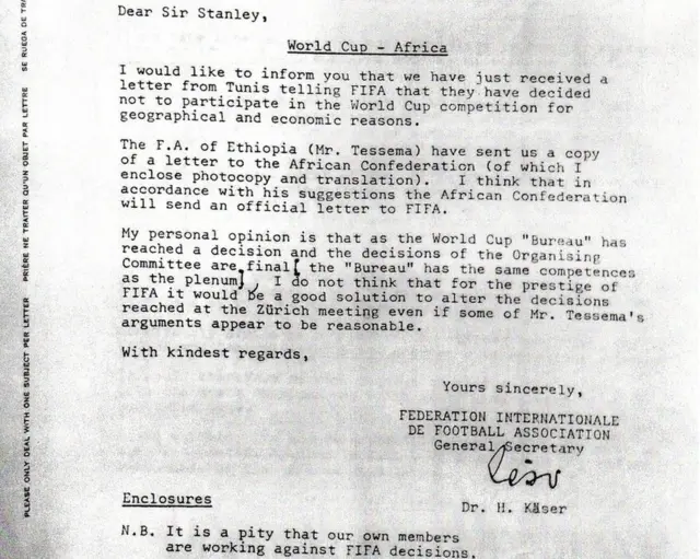 Nota en la cual la FIFA rechaza la demanda de los equipos africanos.