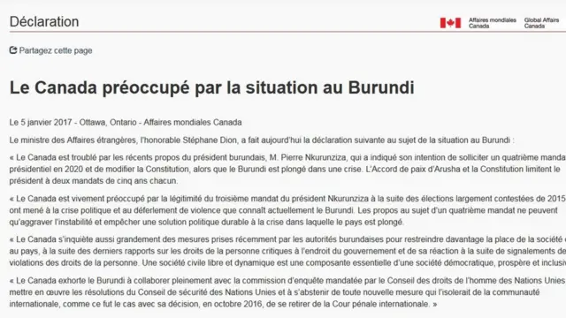 Le gouvernement canadien se dit préoccupé par les récents propos du président burundais
