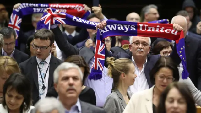"Siempre unidos", dice la bufanda que llevaban algunos parlamentarios durante la sesión en la Eurocámara de este miércoles.
