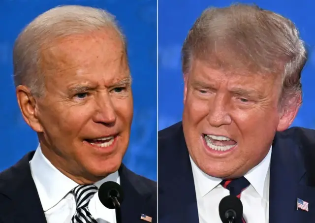 Primer plano de Joe Biden a la izquierda y de Donald Trump a la derecha
