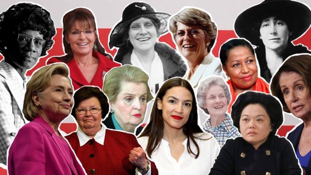 Collage image, in front of red and white stripes showing notable female politicians
