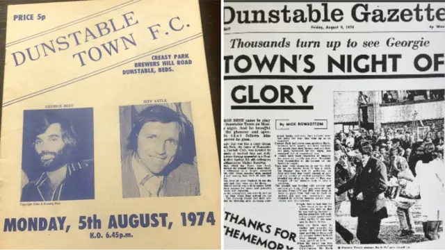 The programme for Dunstable against Manchester United and coverage in the local newspaper