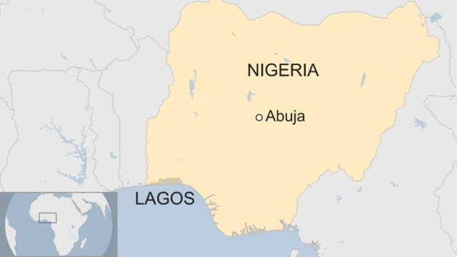 A map of Nigeria, showing the Lagos region in relation to the capital, Abuja