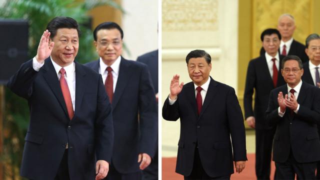 Тоді і тепер: чинний прем'єр Лі Кецян (ліворуч, позаду Сі) поступається місцем Лі Цяну, прихильнику Сі