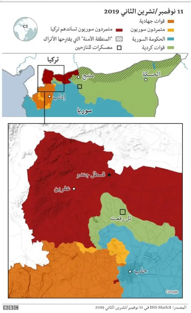 خريطة لمناطق السيطرة في عفرين والمنطقة الآمنة المزعومة