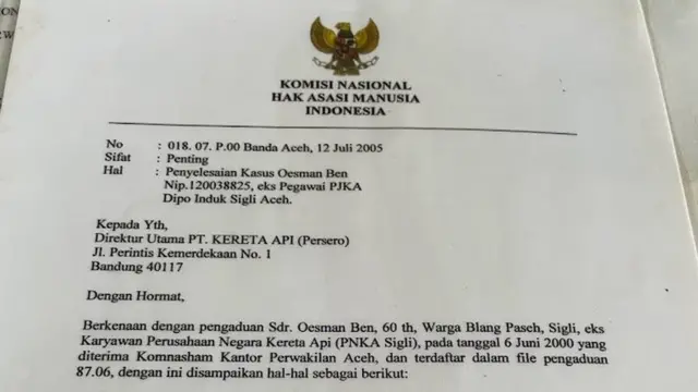 Surat dari Komnas HAM.
