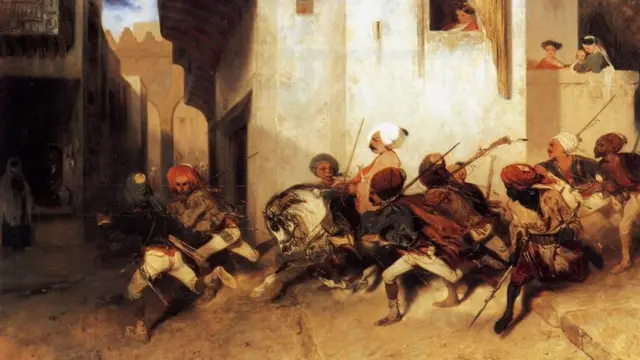 Картина: группа солдат в турецкой одежде бежит по улицам города