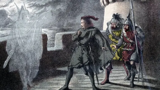 Escena dibujada de Hamlet, su padre y dos soldados