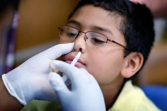 A boy receives a H1N1 nasal flu spray vaccination from a nurse, Miami, October 19, 2009