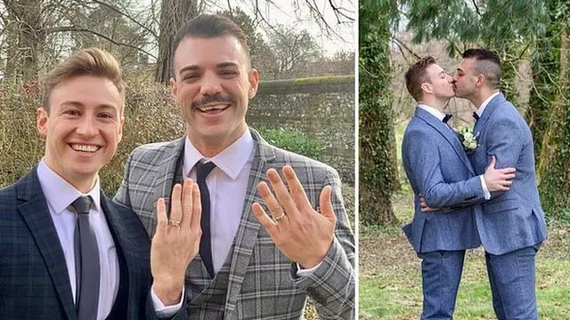 A split image of husbands Matthew Mitcham (left) and Luke Rutherford (right) holding up their wedding rings on the left and kissing on the right