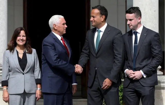 Irish Prime Minister Leo Varadkar, his partner Matthew Barrett, US Vice President Mike Pence and Second Lady Karen Pence all stand together