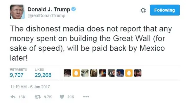دونالد ترامپ هفته پیش در توییترش نوشت: "رسانه‌های ریاکار گزارش نمی‌دهند که هر پولی که برای ساخت دیوار بزرگ مصرف شود، بعداً توسط مکزیک پرداخت خواهد شد".