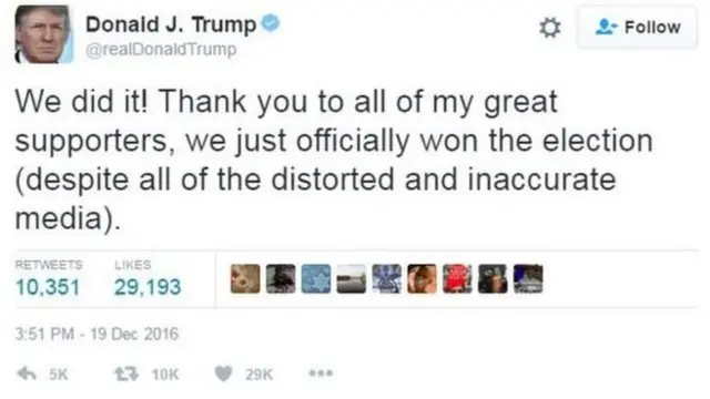 নির্বাচিত হবার পর টুইটারে সমর্থকদের ধন্যবাদ জানান মি. ট্রাম্প