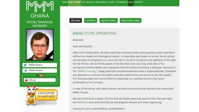 6 April 2018 na im MMM wey be Mavrodi Mondial Moneybox announce say as di godfather die, power no dey again to continue di business.