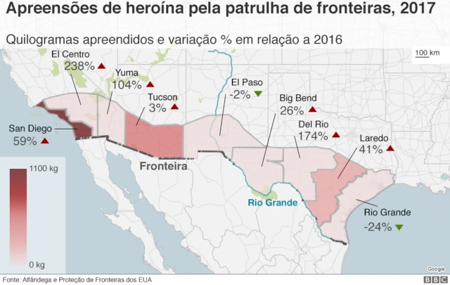 Mapa mostrando apreensõesbets moneyheroína ao longo da fronteira EUA-México