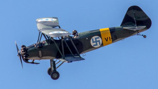 VL Viima vintage 1939 biplane two-seat trainer of the Finnish Air Force performing aerobatics at the FAF 100 Years Anniversary Air Show (June 2018)