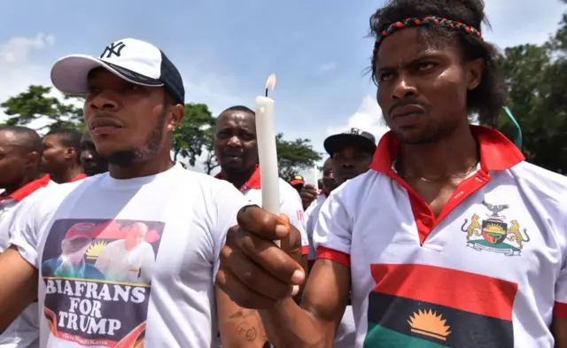 Pro-Biafra supports demonstrate on May 30, 2017 in Abidjan, during commemorations of the 50th anniversary of the Nigerian civil war. Nigeria on May 30 marks 50 years since the declaration of an independent Republic of Biafra plunged the country into a civil war, amid renewed tensions and fresh calls for a separate state. The main pro-independence groups - the Indigenous People of Biafra (IPOB), and the Movement for the Actualisation of the Sovereign State of Biafra (MASSOB) - have called for a day of reflection.