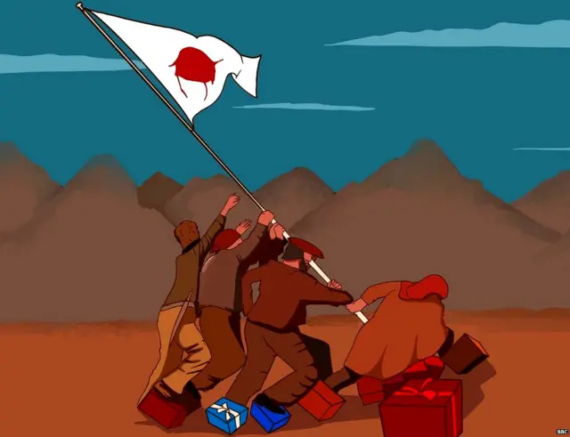 ਰਿਸ਼ਤੇਦਾਰ ਖੂਨ ਦੇ ਧੱਬੇ ਵਾਲਾ ਝੰਡਾ ਲਾਉਂਦੇ ਹੋਏ