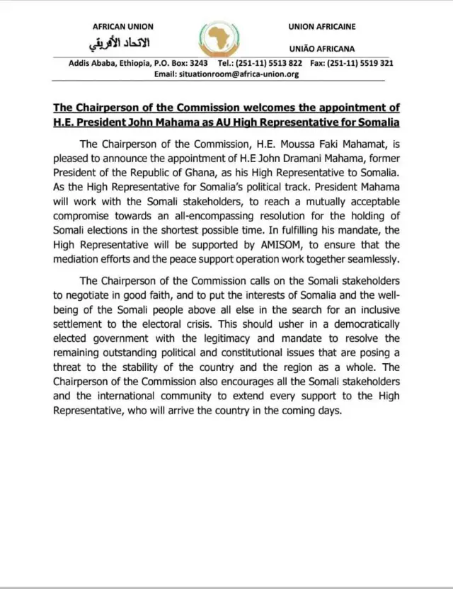 "John Mahama": African Union appoint Ghana former Prez 'Somalia' envoy