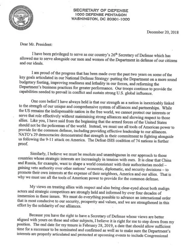 Carta de Jim Mattis a Donald Trump