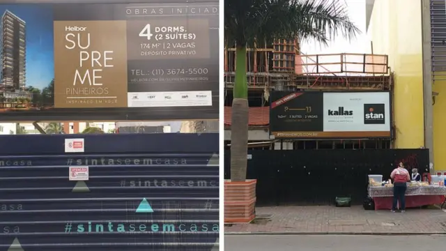 Imagem dos tapumes de construtores que cercam futuros empreendimentos de alto padrão em Pinheiros