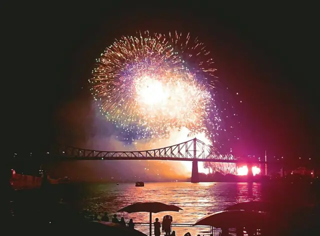 Fireworks over a bridge