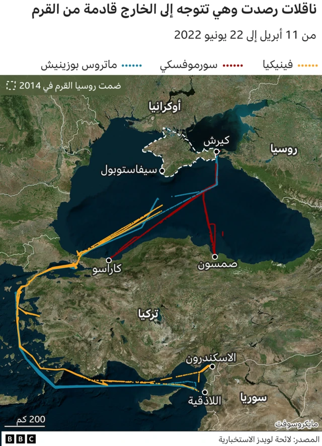 ناقلات رصدت وهي تتوجه إلى الخارج قادمة من القرم