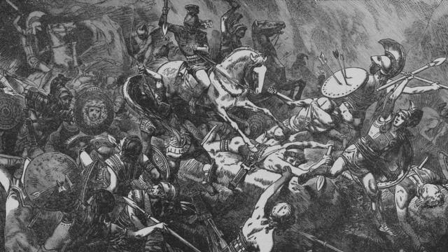 Гравюра изображает разгром афинской армии на Сицилии во время Пелопонесской войны