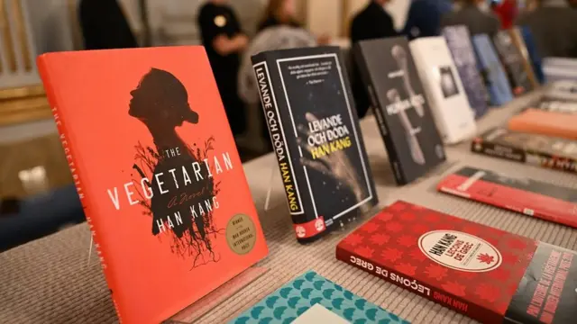 Book of South Korean author Han Kang are on display after she was announced as the laureate of the 2024 Nobel Prize in Literature at the Swedish Academy in Stockholm, Sweden on October 10, 2024. The Nobel Prize in Literature was awarded to South Korean author Han Kang, whose work confronts historical traumas and exposes the fragility of human life. She was honoured "for her intense poetic prose that confronts historical traumas and exposes the fragility of human life," the Swedish Academy said. (Photo by Jonathan NACKSTRAND / AFP) (Photo by JONATHAN NACKSTRAND/AFP via Getty Images)