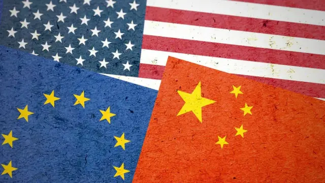 欧洲、美国、中国国旗