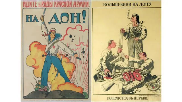 "Идите в ряды Красной Армии. На Дон" и "Большевики на Дону. Кощунства в церкви".