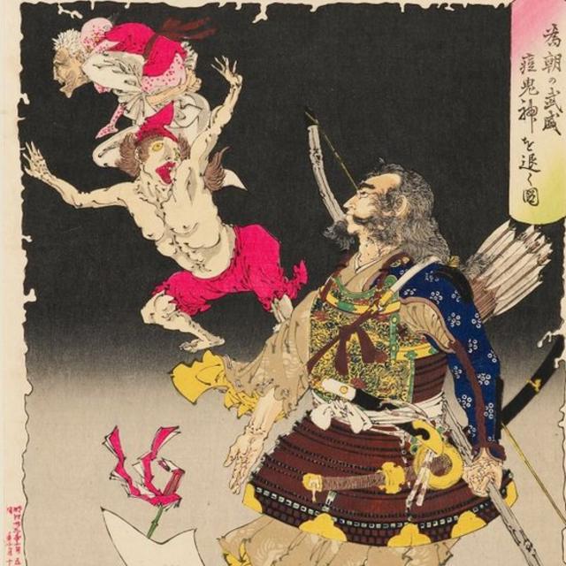 日本 12 世紀繪畫，畫中是與天花惡魔搏鬥的武士