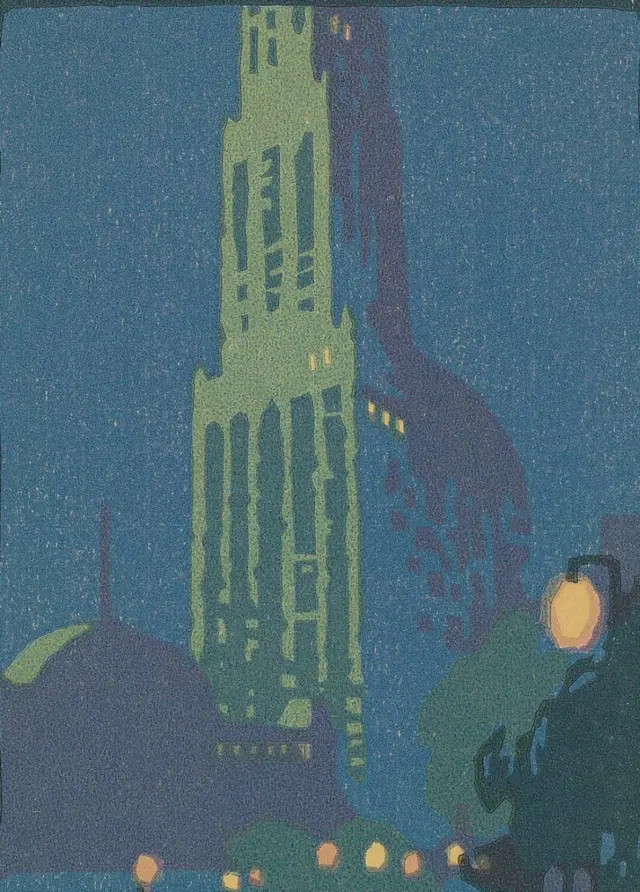 Obra de Rachael Robinson Elmer retratando o Edifício Woolworth na noite de junho de 1916