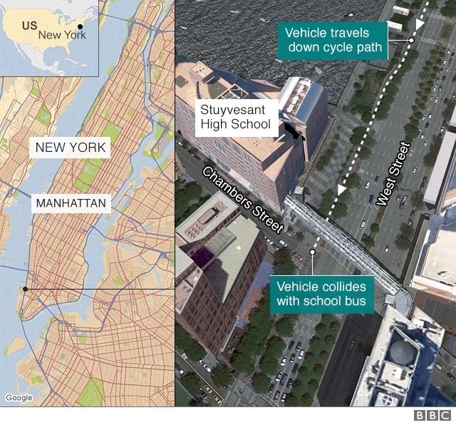 Map showing scene of terror attack in New York City on 31 October 2017
