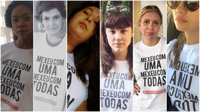 Atrizes, apresentadoras e mulheres que trabalham na Rede Globo usam camiseta da campanha "Mexeu com uma, mexeu com todas"