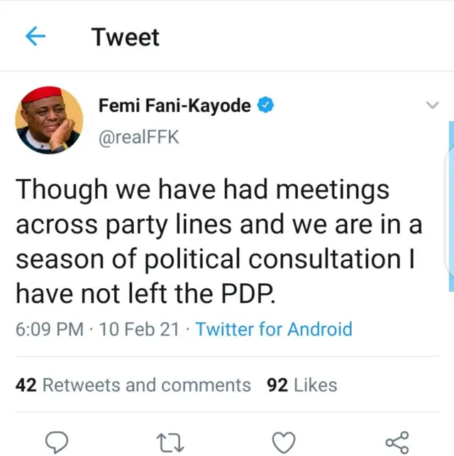 Femi Fani Kayode ti kúrò nínú ẹgbẹ́ PDP wá sí APC- Yahaya Bello