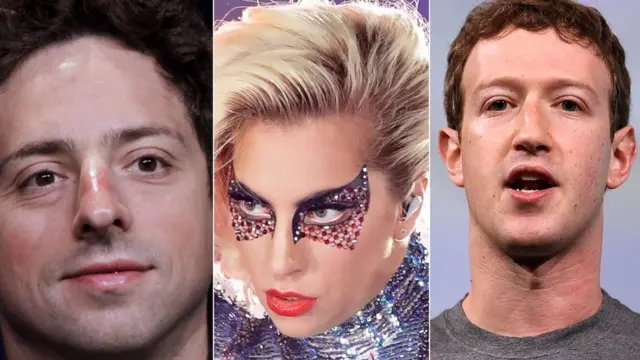 Imagem mostra fotos do co-fundador do Google, Sergey Brin, da cantora Lady Gaga (ao centro) e do presidente do Facebook Mark Zuckerberg (à direita)