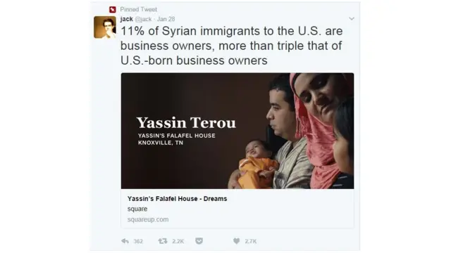 Twitter'ın kurucusu ve CEO'su Jack Dorsey: "ABD'deki Suriyeli göçmenlerin yüzde 11'i iş sahibi, bu oran ABD doğumlu iş sahiplerinin üç katı."