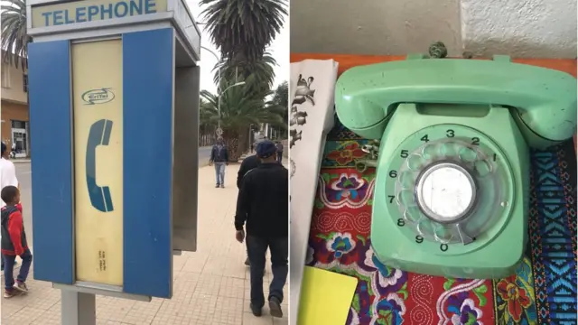 ሲም ካርድ በቀላሉ ማግኘት ስለማይቻል አብዛኛው ህብረተሰብ የህዝብ ስልኮችን ይጠቀማል። ቀኝ-አሥመራ ከተማ ልብስ መሸጫ ሱቅ ውስጥ አገልግሎት እየሰጠ የሚገኝ ስልክ።