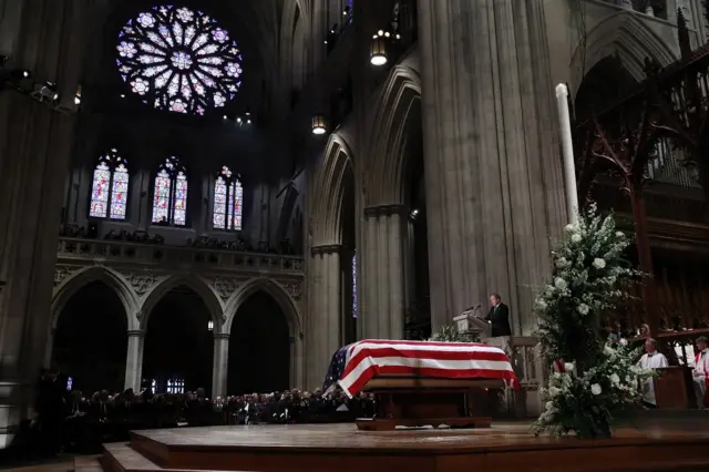 Former President George W. Bush speaks during the state funeral for his father, former President George H.W. Bush, at the Washington National Cathedral on December 5, 2018 in Washington, DC. President Bush will be buried at his final resting place at the George H.W. Bush Presidential Library at Texas A^M University in College Station, Texas. A WWII combat veteran, Bush served as a member of Congress from Texas, ambassador to the United Nations, director of the CIA, vice president and 41st president of the United States.
