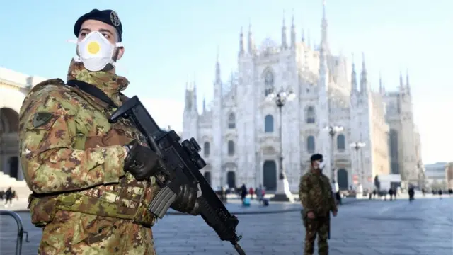 Armed Italian soldiers with face masks outside Duomo cathedral in Milan, 24 Feb 2020